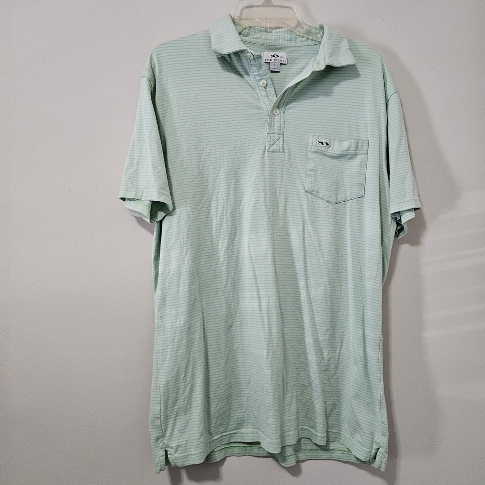 Fish Hippie Mens Large Polo Shirt Green‎ Purple Micro Stripe Pocket Short Sleeve